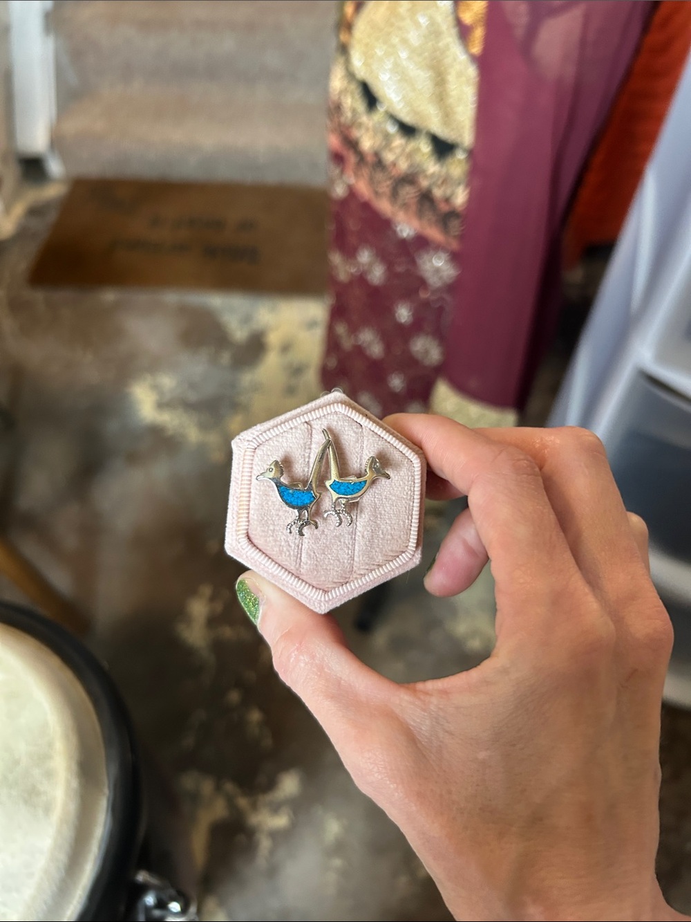 Vintage Turquoise Inlay, Silver Roadrunner Earrings Stamped